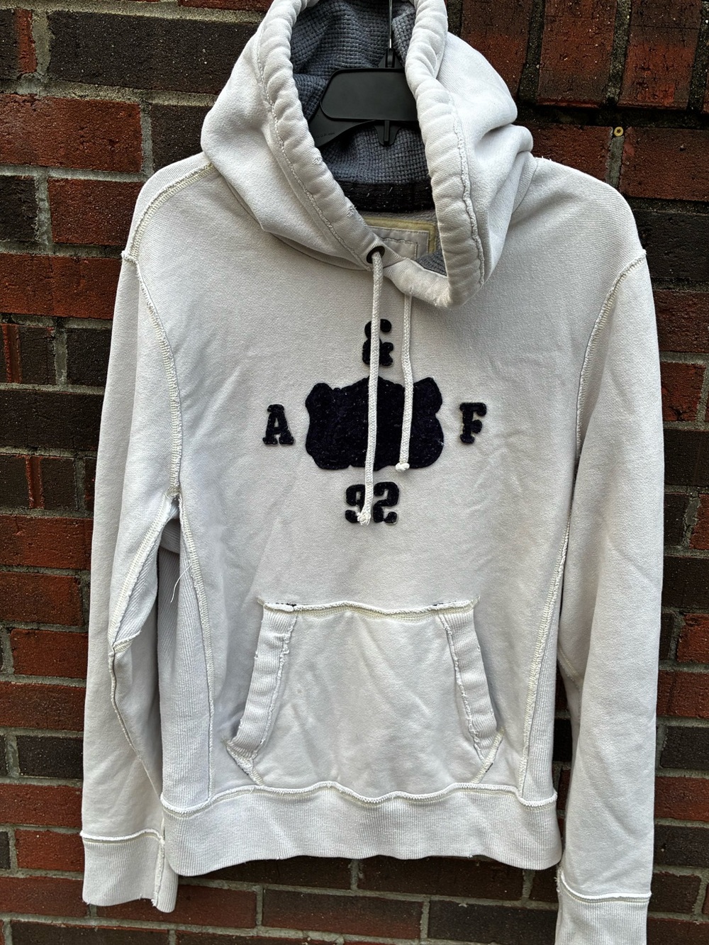 VINTAGE Abercrombie & Fitch Cream Hoodie with Navy Appliqué RARE